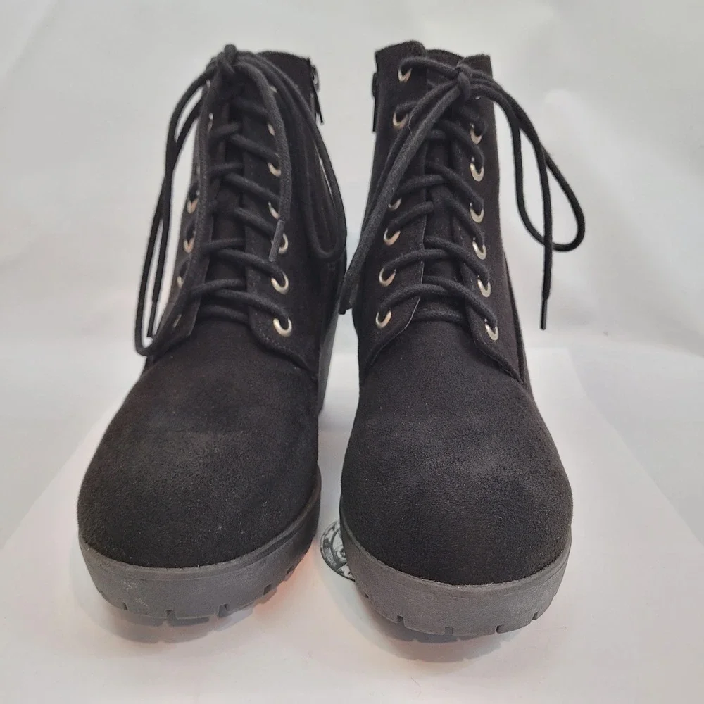 Platform Ankle Boots Womens Black Suede Lace Up Lug Sole Block Heel